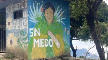 Bunte Malerei mit Pflanzen und einer indigenen Frau auf den Mauern eines kleinen Gebäudes mit der Aufschrift: "Lasst uns das Wasser ohne Angst verteidigen"