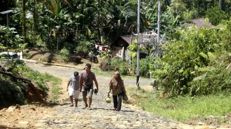 Die Indigenen im Batang-Toru-Wald sind Nachbarn der Tapanuli-Orang-Utans Drei Menschen auf gepflasterter Straße in einem Dorf im Wald