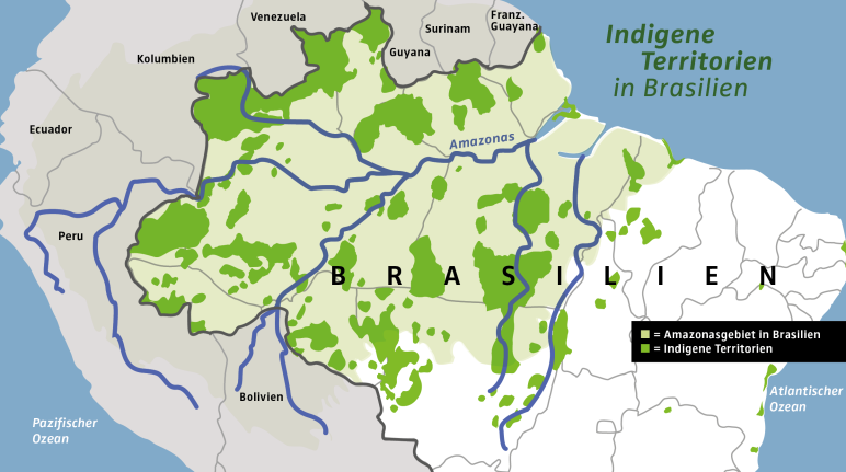 Karte vom brasilianischen Amazonasgebiet (hellgrün) und den indigenen Territorien in Brasilien (dunkelgrün)