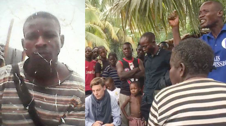 In Mai/Juni 2019 hat Joël Imbangola (links) an Treffen zwischen Dorfbewohnern und Vertretern der deutschen Entwicklungsbank DEG teilgenommen (rechts) Aktivist Joël Imbangola Lunea (RIAO-RDC)
