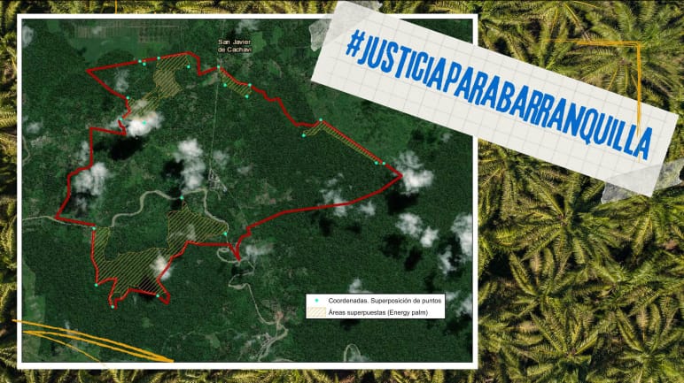 In einem Satellitenfoto ist die Überschneidung der Landflächen markiert. Darüber steht "Justiz für Barranquilla"