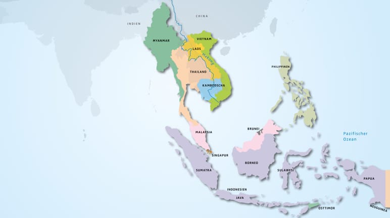 In 11 Ländern Südostasiens wachsen tropische Regenwälder: Brunei, Indonesien, Kambodscha, Laos, Malaysia, Myanmar, Osttimor, Philippinen, Singapur, Thailand und Vietnam Karte Südostasien