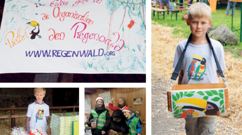 Für Regenwald-Spenden unterwegs sind Manuel (u. l.) und Jano (ganz rechts). Bei der Weihnachtstombola sind auch Jola und Mira dabei. Und Gorilla Tom Buddha Collage Familie Drews