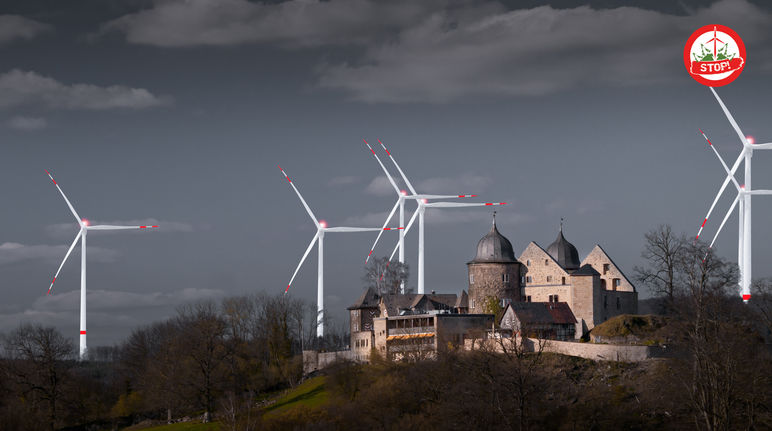Fotomontage: So nahe stünden die Windräder an der Sababurg Fotomontage Sababurg im Reinhardswald und Windkraftanlagen