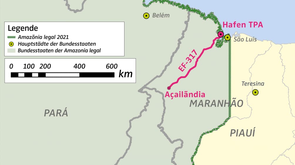 Karte mit Lage des Hafens TPA und der Gütereisenbahn EF-317 zur Amazonia legal in Brasilien