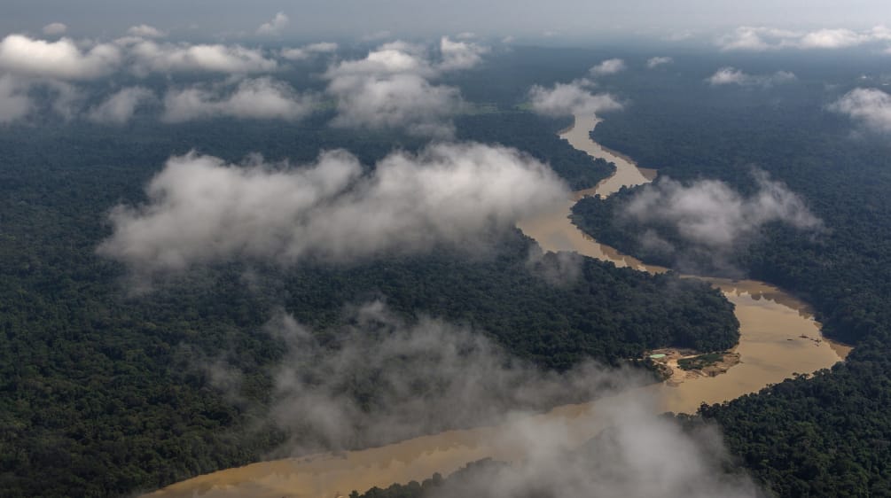Amazonasregenwald im Bundesstaat Pará Luftaufnahme mit Wolken von einem sich durch einen Regenwald schlängelnden Fluss