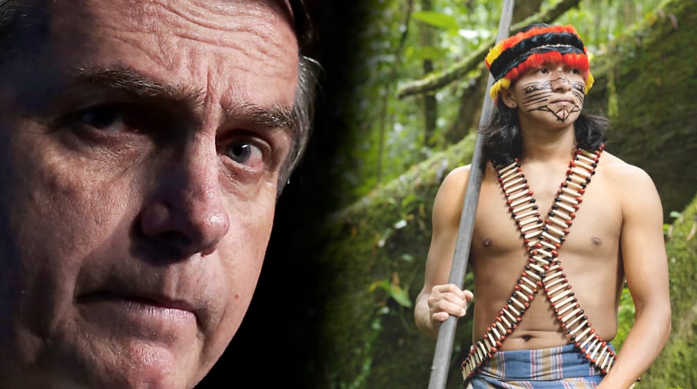 Regenwaldzerstörer und Regenwaldbewahrer Collage - Bolsonaro vs Indigene