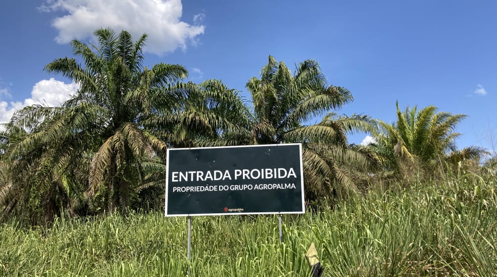Hinweisschild des Palmölkonzerns Agropalma am Rande einer Ölpalmplantage im brasilianischen Bundesstaat Pará im Amazonasregenwald. Übersetzung der Aufschrift: BETRETEN VERBOTEN - BESITZ DER GRUPPE AGROPALMA Hinweisschild des Palmölkonzerns Agropalma am Rande einer Ölpalmplantage