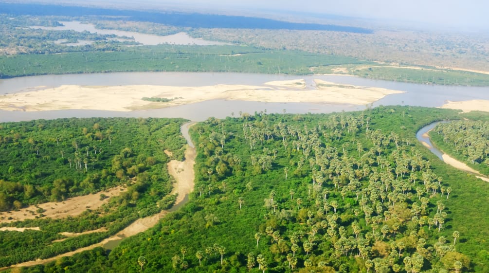 Wird der Fluss Rufiji gestaut, verschwinden große Savannen-Gebiete in einem Stausee Flug über dem Rufiji-Fluss im Selous Game Reserve in Tansania