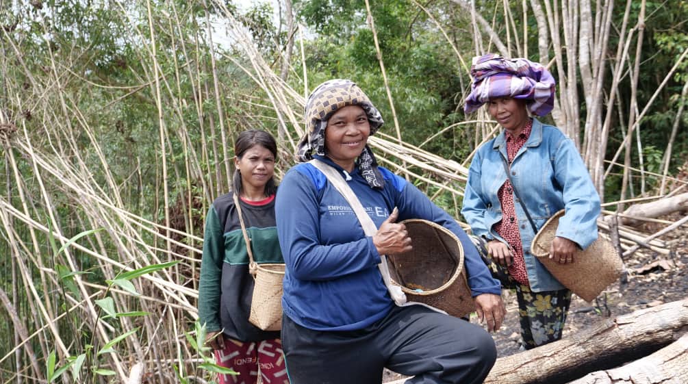 drei Dayak-Frauen mit Körben zum Sammeln lächeln in die Kamera.