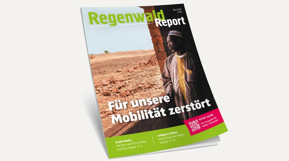 Die aktuelle Ausgabe der Zeitschrift Regenwald Report kann kostenlos bestellt werden. 3D-Ansicht des Covers vom Regenwald Report 2/21