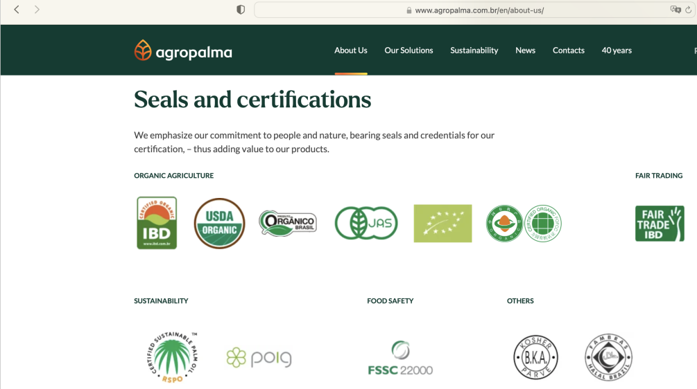 Bildschirmfoto von der Webseite von Agropalma mit den Logos der verschiedenen der Firma erteilten „Siegeln“