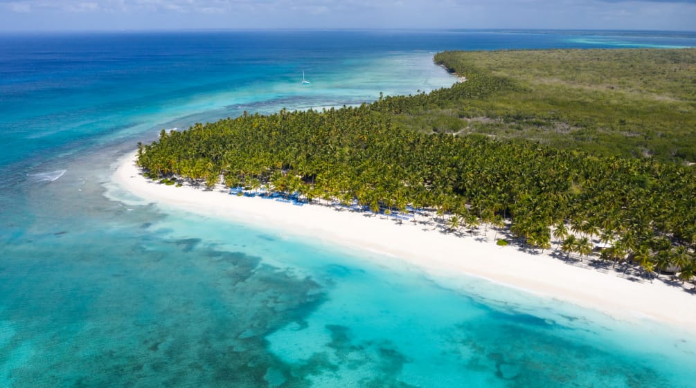 Die von Korallenriffen umgebene Tropeninsel Saona ist Teil des Nationalparks Cotubanamá Luftaufnahme von tropischen Insel Saona mit Kokospalmen und türkisfarbenem karibischen Meer