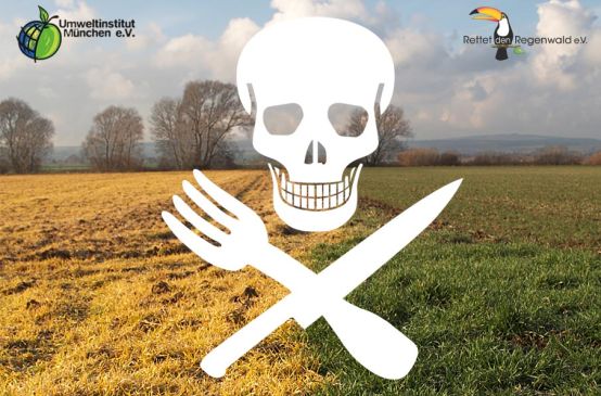 Ein Totenkopfprint mit Besteck-Knochen über den toten Feldern