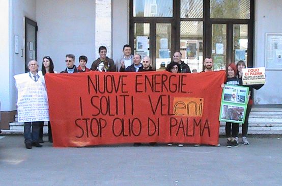 Umweltschützer mit ihren Protestbannern vor dem Rathaus von Maghera