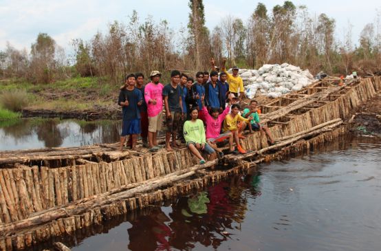 Umweltschützer stehen auf einem Damm, den sie aus Holz gebaut haben, um einen Kanal zu blockieren