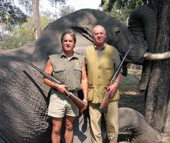 Das spanische Staatsoberhaupt und damaliger WWF-Ehrenpräsident König Juna Carlos posiert mit seiner Jagdflinte vor einem toten Elefanten in Botswana
