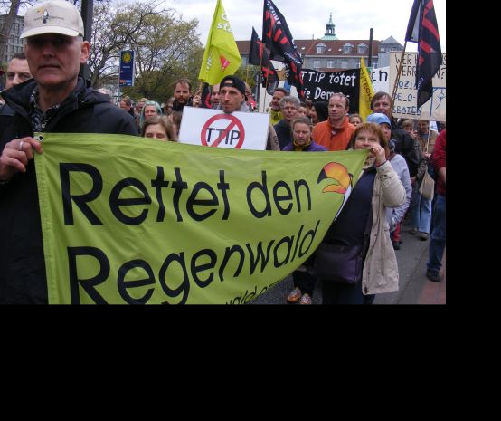 Aktivisten von Rettet den Regenwald tragen ein großes Banner