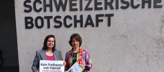 Mehr als 153.000 Menschen unterschrieben gegen den Freihandel mit Palmöl Übergabe der Petition mit 153.000 Unterschriften gegen Freihandel der Schweiz mit Palmöl aus Indonesien und Malaysia von Rettet den Regenwald vor Schweizerischer Botschaft in Berlin