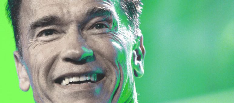 Arnold Schwarzenegger pflegt sein grünes Image und profitiert von Regenwaldvernichtung (Foto: Eva Rinaldi, Bearbeitung Rettet den Regenwald) Portrait von Arnold Schwarzenegger vor einem grünen Hintergrund