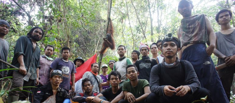 Basuki (l.) und die Freunde des Nationalparks. Immer dabei: Orang-Utan-Weibchen Julie Die Gruppe der Baumpflanzer. Im Hintergrund ein Orang-Utan