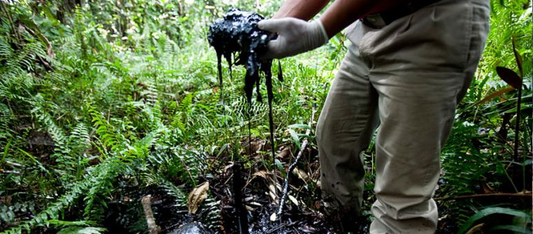 Erdöl vergiftet Amazonas (Foto: http://thepeoplesrecord.com) Mann hat ölverschmierte Amazonaserde in der Hand