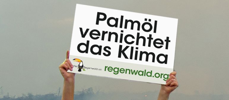 Banner von Rettet den Regenwald "Palmöl vernichtet das Klima"