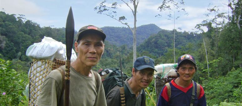 Ein Sieg für die Natur: Sarawaks Indigene haben den Kampf gegen den Baram-Staudamm gewonnen Drei indigene Männer tragen in Körben auf dem Rücken Gepäck durch den malayischen Regenwald.