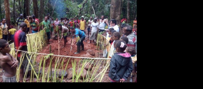 Zeremonie für den Schutz des Waldes: Unter Fürbitten graben die Mahuze als heilige Handlung einen Raum in die Erde und pflanzen neue Setzlinge Die Indigenen Papuas stehen im Kreis und beobachten ein Ritual zum Schutz des Territoriums