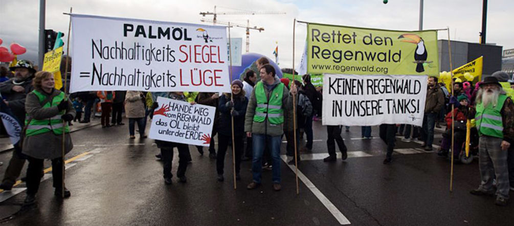 Foto: Christine Denck Demosntranten von Rettet den Regenwald auf der Straße