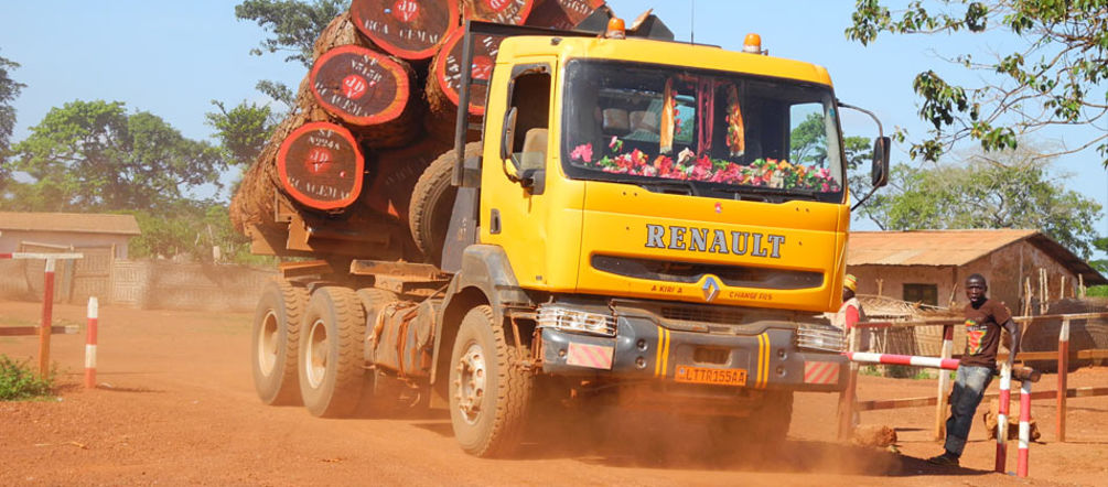 Der Handel mit Tropenholz ist für Waldvernichtung verantwortlich Ein mit Holzstämmen beladener Lkw in der Zentralafrikanischen Republik.