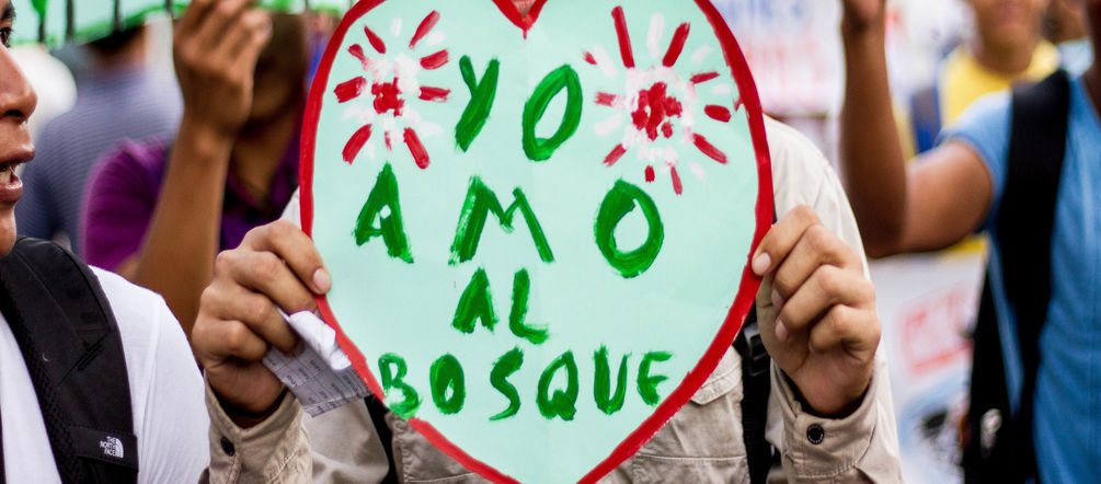 Der Wald liegt ihnen am Herzen - deshalb gehen die Menschen auf die Straße Ein Demonstrant in Iquitos, Peru, zeigt ein Herzplakat "Ich liebe den Wald" auf Demo gegen Abholzung für Kakaoplantagen