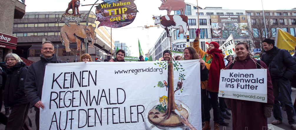 Die Agrarindustrie zerstört Regenwald, weil für Soja und Palmöl riesige Flächen gerodet werden. Deshalb protestieren wir (Foto: Christine Denck) Demonstraten halten ein Banner: "Keinen Regenwald auf den Teller"