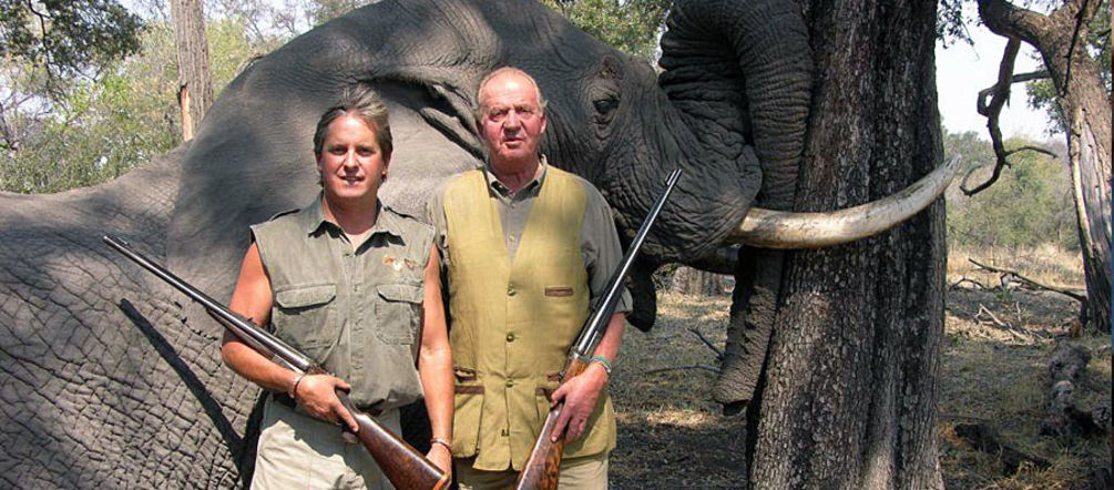 Das spanische Staatsoberhaupt und damaliger WWF-Ehrenpräsident König Juna Carlos posiert mit seiner Jagdflinte vor einem toten Elefanten in Botswana