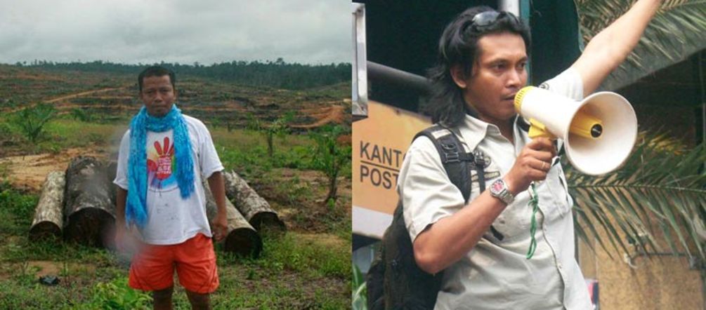 Nordin von Save our Borneo vor einem abgeholzten Regenwald. Feri Irawan mit Lautsprecher auf einer Demo