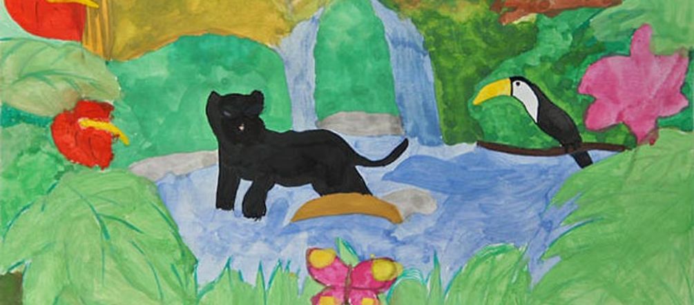 „Tiere an der Wasserstelle” Wassermalfarbenbild vom Regenwald