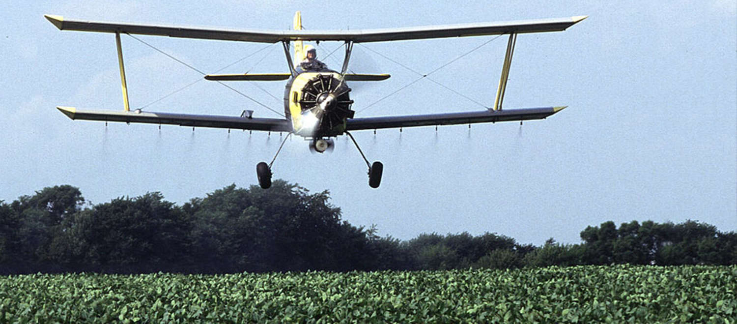 Ein Flugzeug sprüht Pestizide auf ein Sojafeld