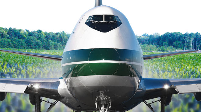 Flugzeug über zerstörtem Regenwald (Montage) Flugzeug vor Palmöl Plantage und Regenwald