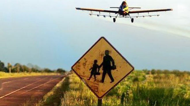 Chemie-Cocktail aus der Luft: schädlich für Menschen und Natur Ein Flugzeug versprüht Pestizide über einem Sojafeld