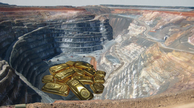 Eine solche Goldmine soll im Regenwälder von Französisch-Guayana angelegt werden Montage: Goldbaren in Mine
