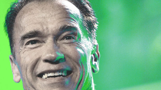 Portrait von Arnold Schwarzenegger vor einem grünen Hintergrund