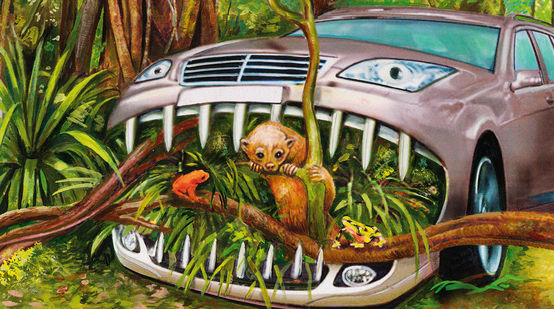 Illustriertes Auto frisst Regenwald auf