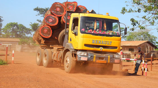 Ein mit Holzstämmen beladener Lkw in der Zentralafrikanischen Republik.