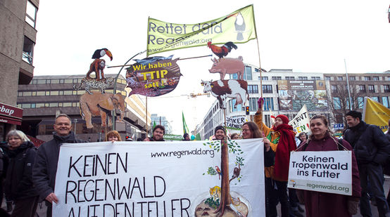 Demonstraten halten ein Banner: "Keinen Regenwald auf den Teller"