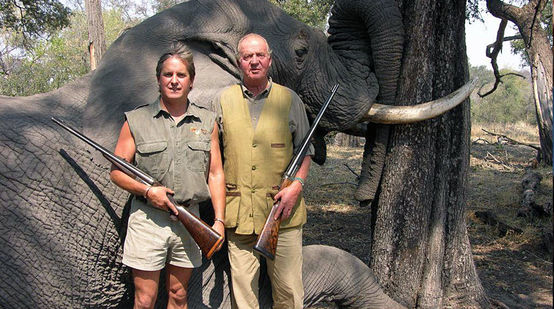 Das spanische Staatsoberhaupt und damaliger WWF-Ehrenpräsident König Juna Carlos posiert mit seiner Jagdflinte vor einem toten Elefanten in Botswana
