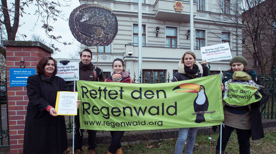 Rettet den Regenwald-Aktivisten übergeben eine Petition zum Schutz der Pangoline an die Botschaft von Vietnam, Berlin