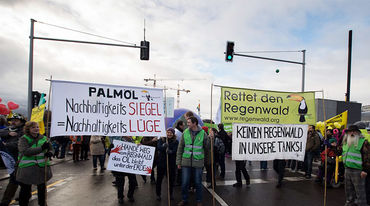 Demosntranten von Rettet den Regenwald auf der Straße