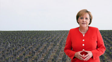 Collage: Angela Merkel vor Palmöl Plantagen in Indonesien