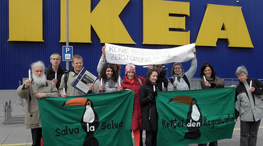 Mitarbeiter und Unterstützer von Rettet den Regenwald vor einer Ikea-Fliale in Berlin