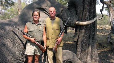 Das spanische Staatsoberhaupt und damaliger WWF-Ehrenpräsident König Juna Carlos posiert mit seiner Jagdflinte vor einem toten Elefanten in Botswana